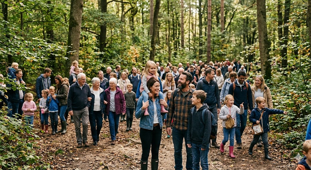 Groupe de familles en foret qui se dirigent vers un parc de loisirs proposant différentes activités